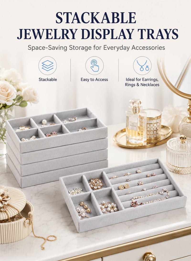 YIM-VIBEHAUS Stackable Jewelry Trays Organizer, 6 Pack Jewelry Box Accessories Tray Earring, Ring, Gadgets & Cosmetics, Jewelry Display Organizer Necklace Storage Showcase Bracelet Jewelry Organizer Box with Removable Inner Dividers Grey - Image 5