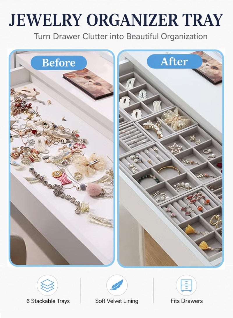 YIM-VIBEHAUS Stackable Jewelry Trays Organizer, 6 Pack Jewelry Box Accessories Tray Earring, Ring, Gadgets & Cosmetics, Jewelry Display Organizer Necklace Storage Showcase Bracelet Jewelry Organizer Box with Removable Inner Dividers Grey - Image 4