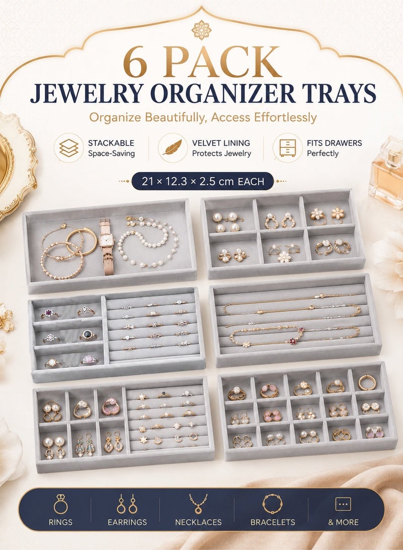 YIM-VIBEHAUS Stackable Jewelry Trays Organizer, 6 Pack Jewelry Box Accessories Tray Earring, Ring, Gadgets & Cosmetics, Jewelry Display Organizer Necklace Storage Showcase Bracelet Jewelry Organizer Box with Removable Inner Dividers Grey - Image 1