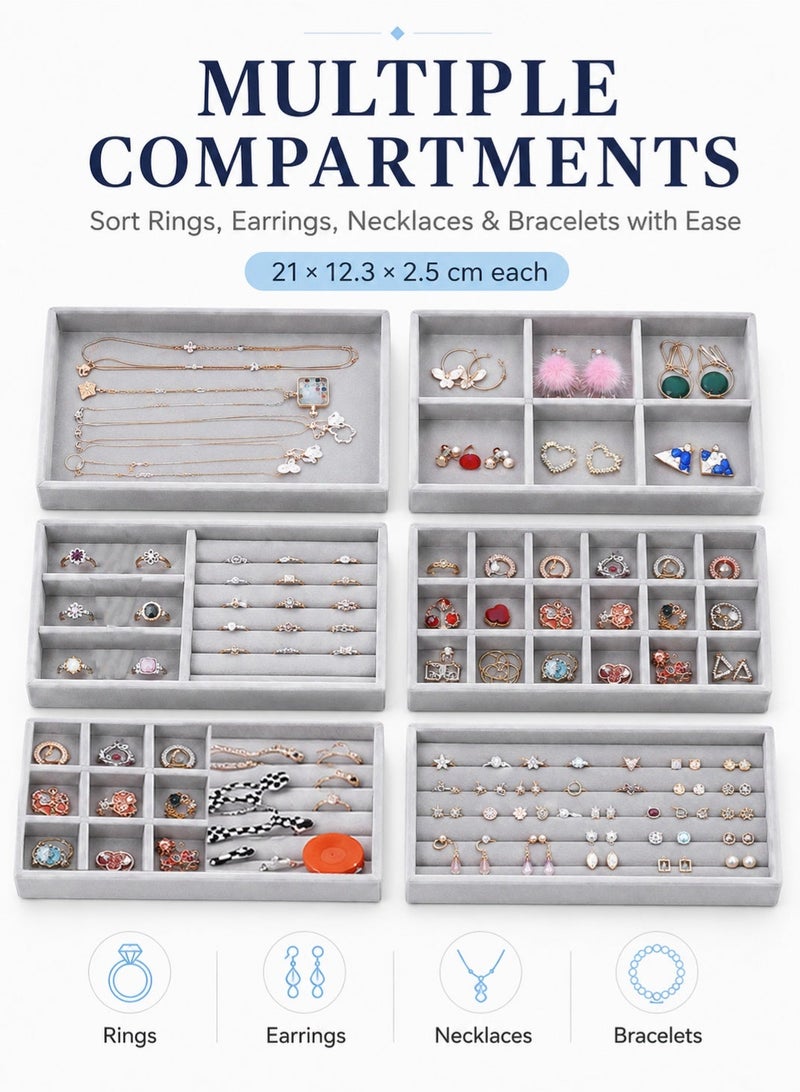 YIM-VIBEHAUS Stackable Jewelry Trays Organizer, 6 Pack Jewelry Box Accessories Tray Earring, Ring, Gadgets & Cosmetics, Jewelry Display Organizer Necklace Storage Showcase Bracelet Jewelry Organizer Box with Removable Inner Dividers Grey - Image 2