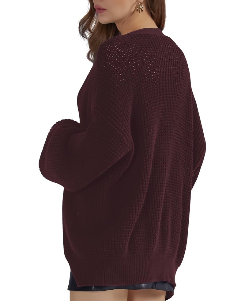QUALFORT Women's Cardigan Sweaters for Women 100% Cotton Button-Down Long Sleeve Fall Sweaters for Women 2026 Burgundy Large - Image 2