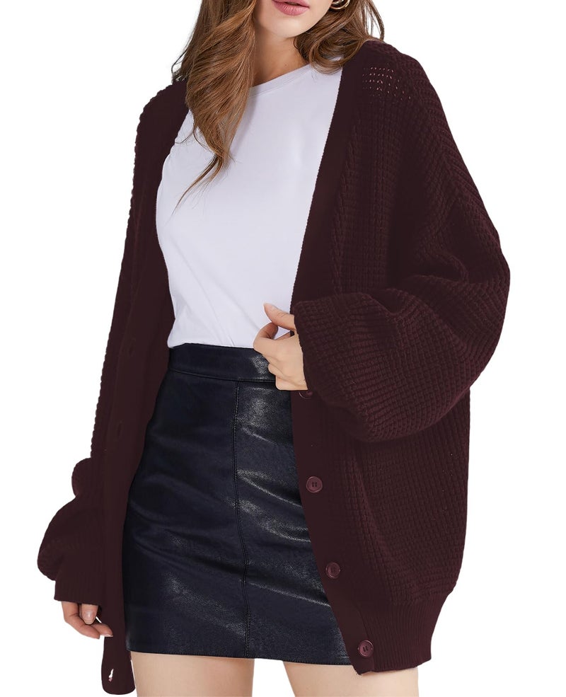 QUALFORT Women's Cardigan Sweaters for Women 100% Cotton Button-Down Long Sleeve Fall Sweaters for Women 2026 Burgundy Large - Image 1