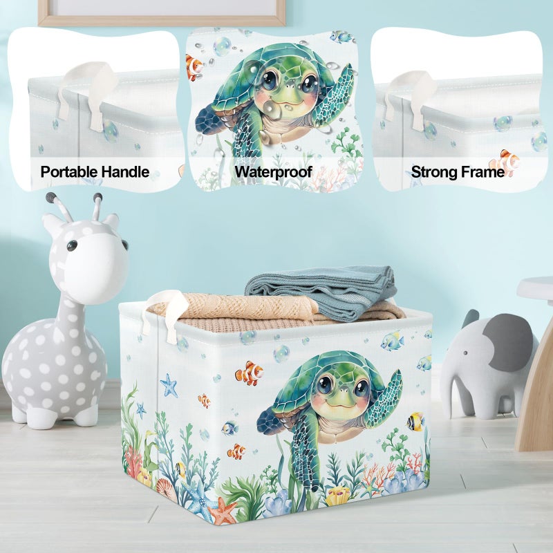 Clastyle Large Fish Sea Turtle Baby Basket Ocean Coral Seaweed Starfish Toy Book Shelf Basket Waterproof Pool Toy Beach Towel Storage Bin Collapsible Dirty Clothes Hamper, Blue, 40 * 30 * 30 cm - Image 4