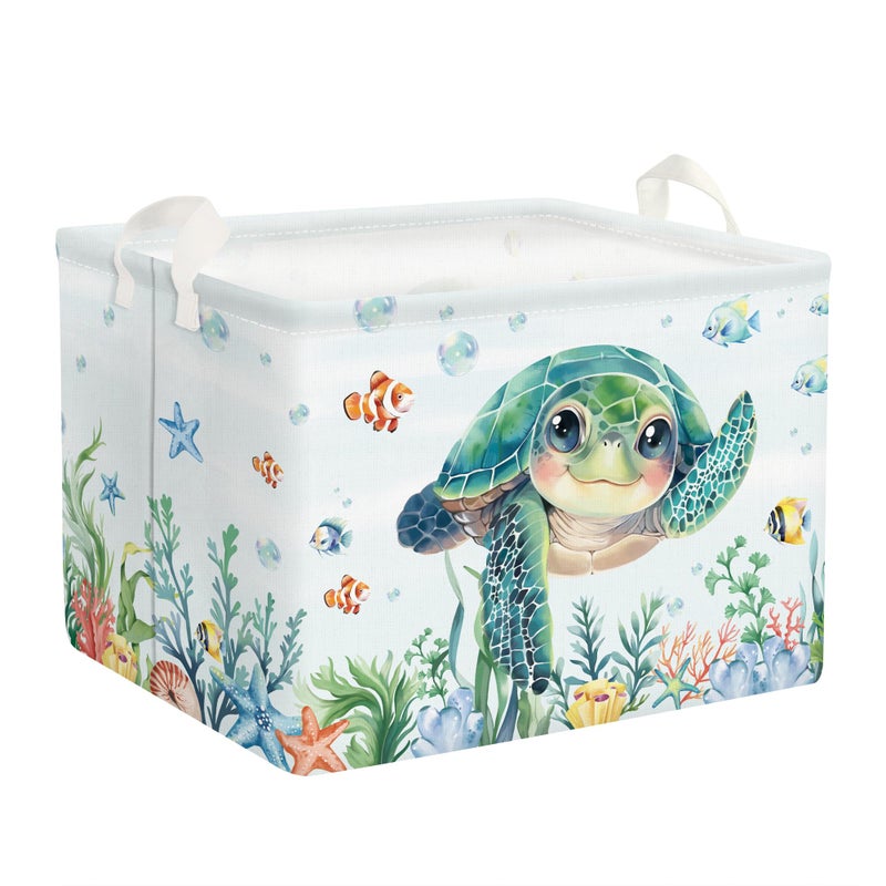Clastyle Large Fish Sea Turtle Baby Basket Ocean Coral Seaweed Starfish Toy Book Shelf Basket Waterproof Pool Toy Beach Towel Storage Bin Collapsible Dirty Clothes Hamper, Blue, 40 * 30 * 30 cm - Image 1