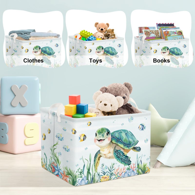 Clastyle Large Fish Sea Turtle Baby Basket Ocean Coral Seaweed Starfish Toy Book Shelf Basket Waterproof Pool Toy Beach Towel Storage Bin Collapsible Dirty Clothes Hamper, Blue, 40 * 30 * 30 cm - Image 5