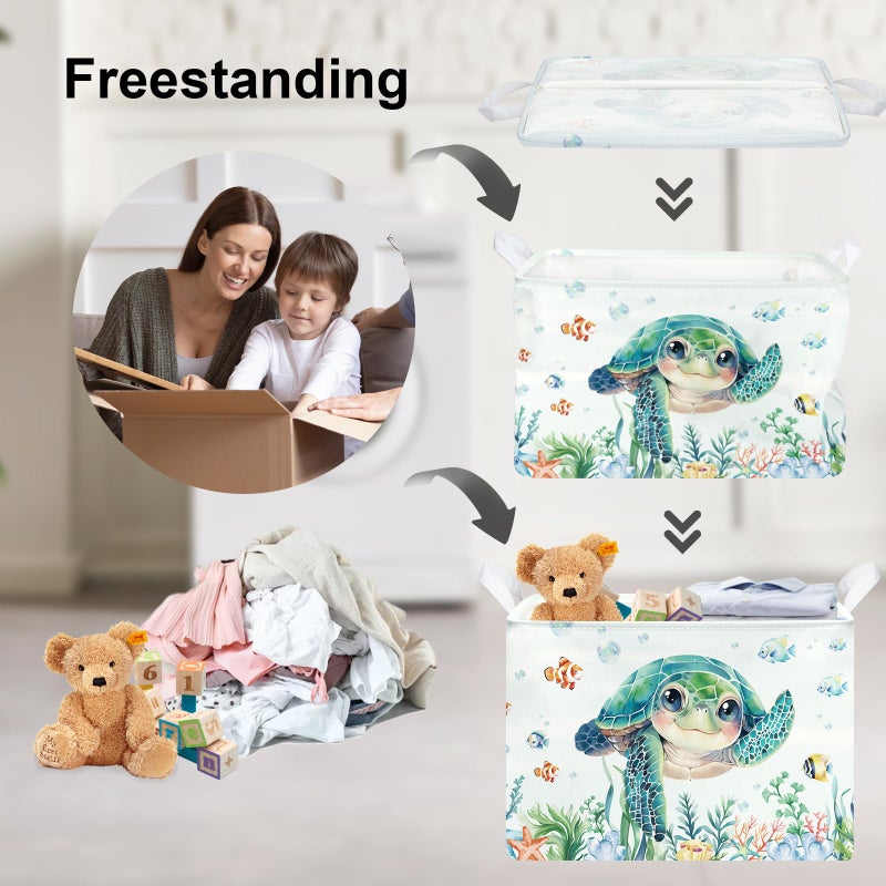 Clastyle Large Fish Sea Turtle Baby Basket Ocean Coral Seaweed Starfish Toy Book Shelf Basket Waterproof Pool Toy Beach Towel Storage Bin Collapsible Dirty Clothes Hamper, Blue, 40 * 30 * 30 cm - Image 3