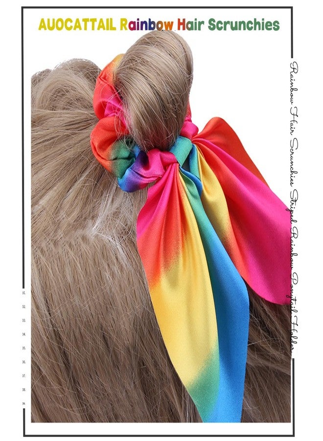 AUOCATTAIL 2 Pcs Rainbow Bow Hair Scrunchies Bunny Ears Hair Tie Bobbles Elastic Hair Ties Ropes Ponytail Holder Bowknot Hair Band Hair Accessories for Women Gay Pride Parade LGBTQ Party - Image 3