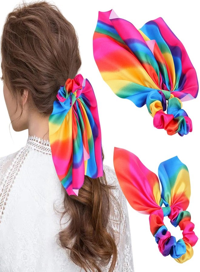 AUOCATTAIL 2 Pcs Rainbow Bow Hair Scrunchies Bunny Ears Hair Tie Bobbles Elastic Hair Ties Ropes Ponytail Holder Bowknot Hair Band Hair Accessories for Women Gay Pride Parade LGBTQ Party - Image 1
