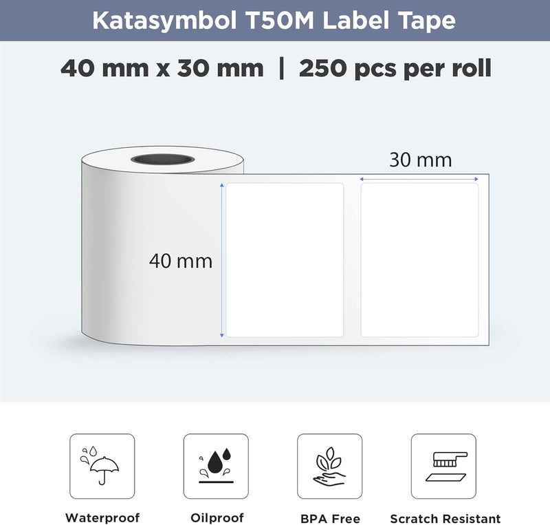 SUPVAN T50M Series Label Maker Tape, 2 Rolls 1.57'' Ã— 1.18'' (40mm Ã— 30mm) 250 Labels/Roll Genuine Laminated Thermal Label Tape, Waterproof Oilproof Highly Adhesive Auto Detect Labels, Black on White - Image 2