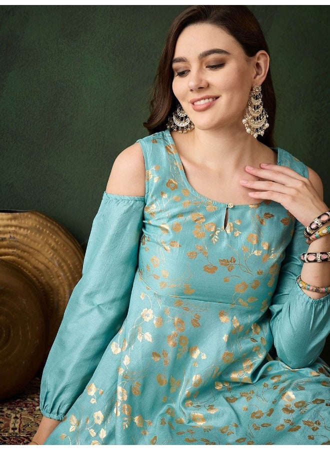 AKS Sky Blue Gold Foil Printed Cold Shoulder Anarkali - Image 2