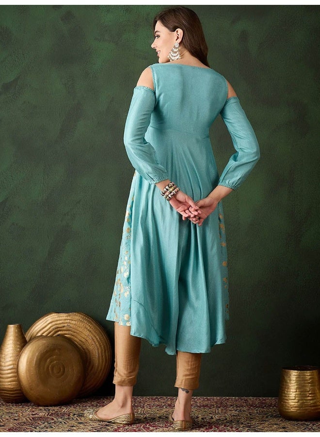AKS Sky Blue Gold Foil Printed Cold Shoulder Anarkali - Image 4