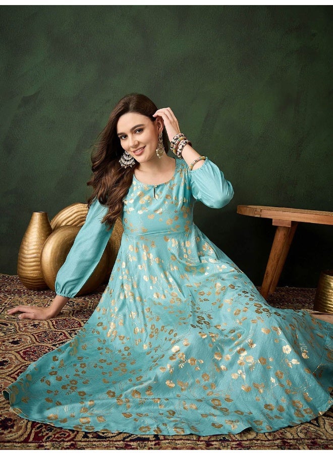 AKS Sky Blue Gold Foil Printed Cold Shoulder Anarkali - Image 1