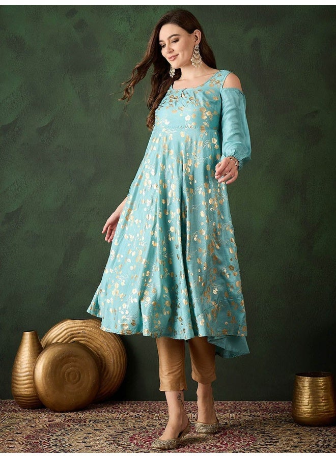 AKS Sky Blue Gold Foil Printed Cold Shoulder Anarkali - Image 3