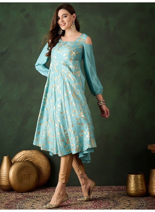 AKS Sky Blue Gold Foil Printed Cold Shoulder Anarkali - Image 5