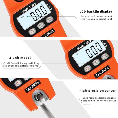 WISHSOM Hanging Scale 660lb/300kg - High-Accuracy Crane Scale with Aluminum Frame and LCD Display. Functions as Fishing Scale and Luggage Scale. for Farm, Hunting, Fitness, and Travel Weighing - Image 3