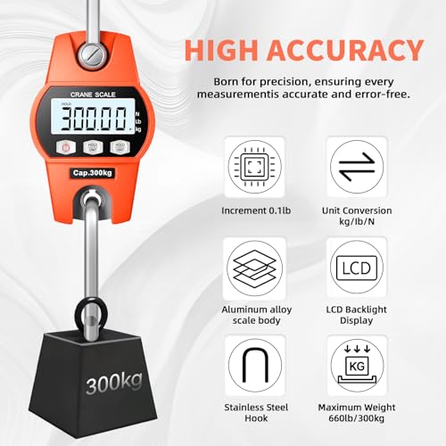 WISHSOM Hanging Scale 660lb/300kg - High-Accuracy Crane Scale with Aluminum Frame and LCD Display. Functions as Fishing Scale and Luggage Scale. for Farm, Hunting, Fitness, and Travel Weighing - Image 2