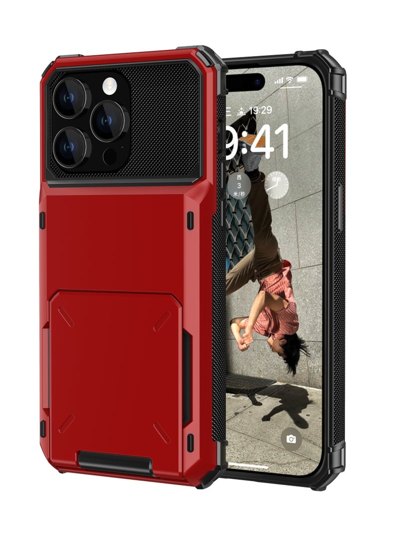 GULFLINK Full Protection Shockproof Case Casing Card Holder Case Dual Layer Hard Case For iPhone 15 Pro Red  - Image 1