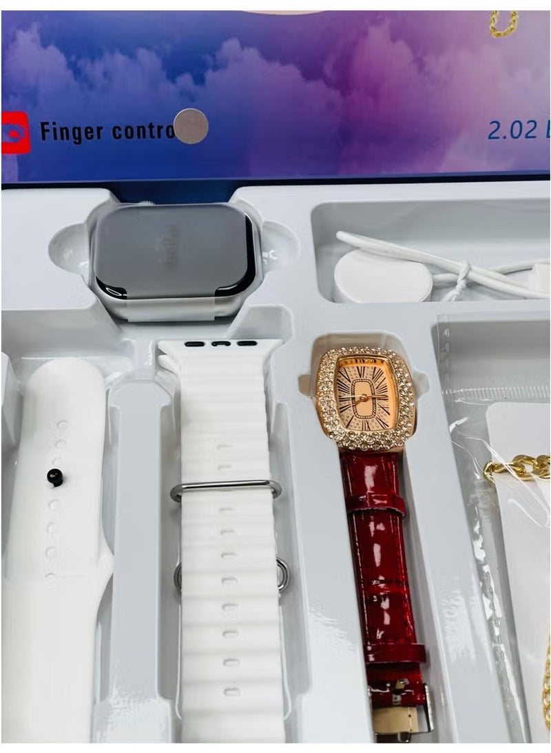 vesus Smart Watch 10 with 2.02 Big screen , stylish girls watch with braslate , jwellery set , neckless , ring , EAR RING AND 2 straps - Image 5