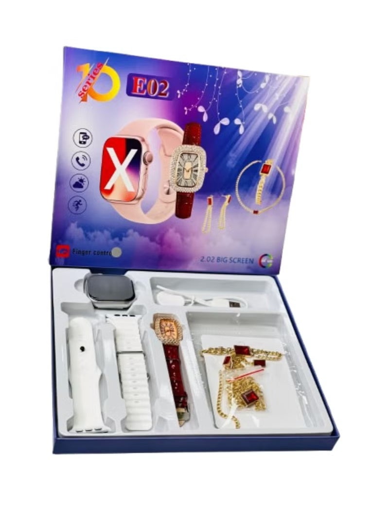 vesus Smart Watch 10 with 2.02 Big screen , stylish girls watch with braslate , jwellery set , neckless , ring , EAR RING AND 2 straps - Image 1