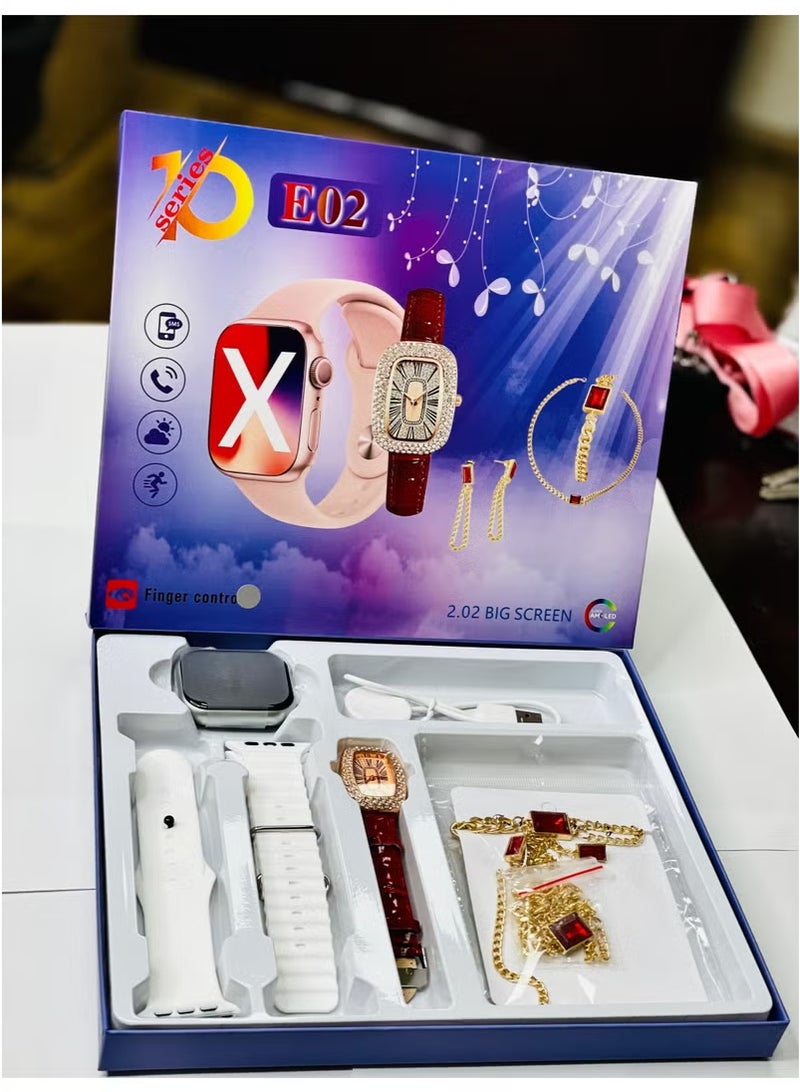 vesus Smart Watch 10 with 2.02 Big screen , stylish girls watch with braslate , jwellery set , neckless , ring , EAR RING AND 2 straps - Image 2