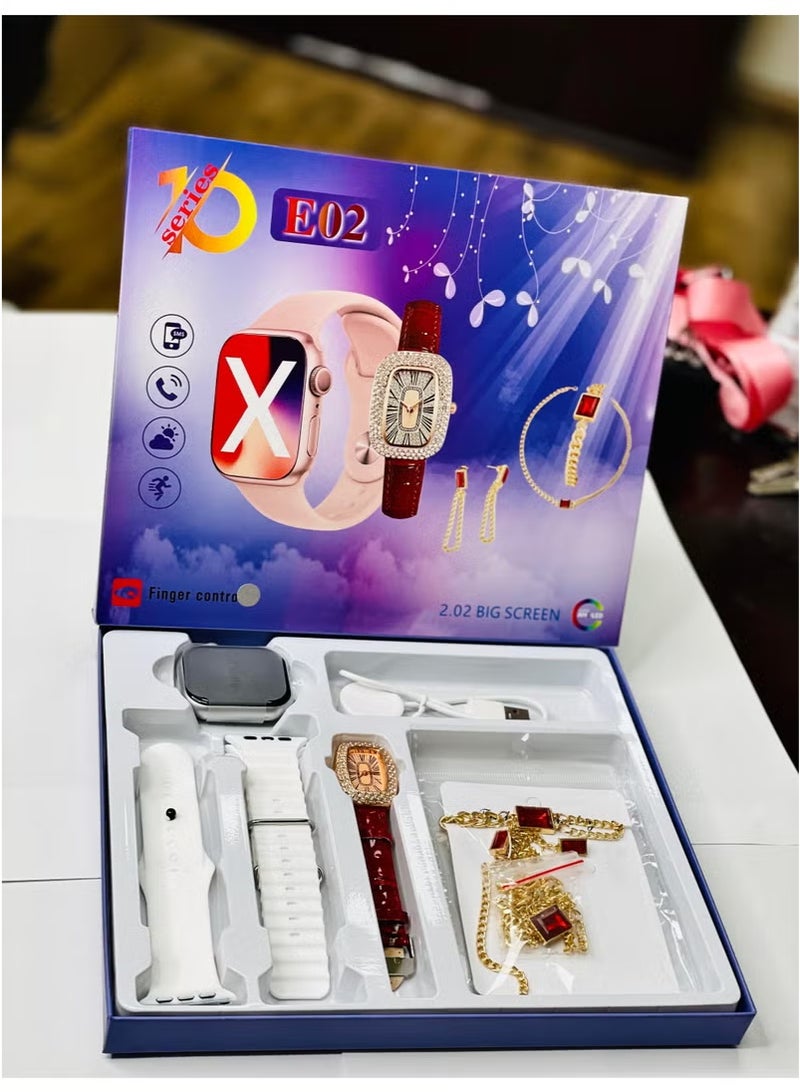 vesus Smart Watch 10 with 2.02 Big screen , stylish girls watch with braslate , jwellery set , neckless , ring , EAR RING AND 2 straps - Image 3