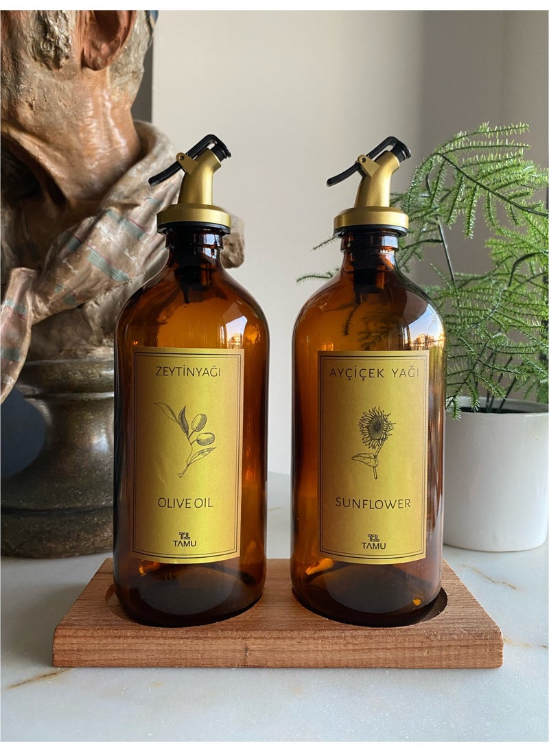Tamu Set of 2 Wooden Stand Amber Olive Oil Oil Bottle Oil Pot Oil Bowl with Gold Drip-Proof Lid 500 ml 
