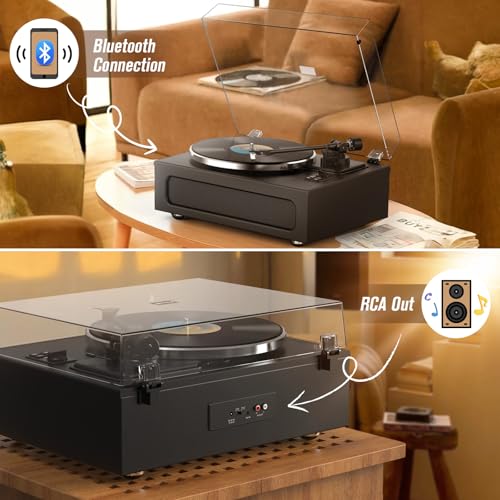 Retrolife Record Player All-in-One Classic Turntable for Vinyls Records Built-in 4 Stereo Speakers High Fidelity Audio AT-3600L Phono Belt Drive Vinyl Players BT Wireless Pariing Aux-in RCA Auto Stop Pure Black - Image 5