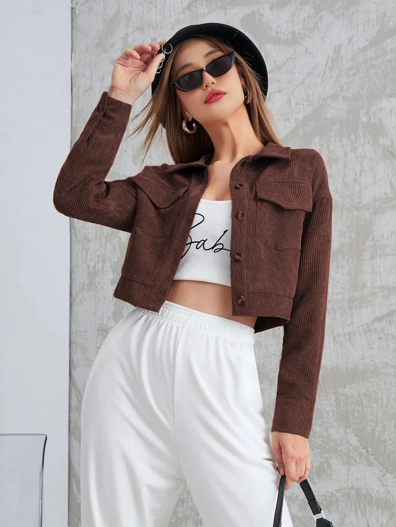 SMOWKLY Women’s Cotton Blend Cropped Jacket with Two Pockets| Casual Button Down Shirt| Stylish Lightweight Outerwear for Women’s | Long Sleeve Jacket for Regular Wear - Image 3
