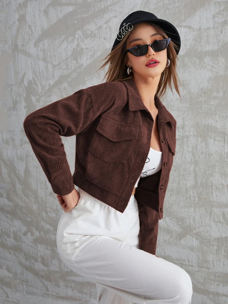 SMOWKLY Women’s Cotton Blend Cropped Jacket with Two Pockets| Casual Button Down Shirt| Stylish Lightweight Outerwear for Women’s | Long Sleeve Jacket for Regular Wear - Image 2