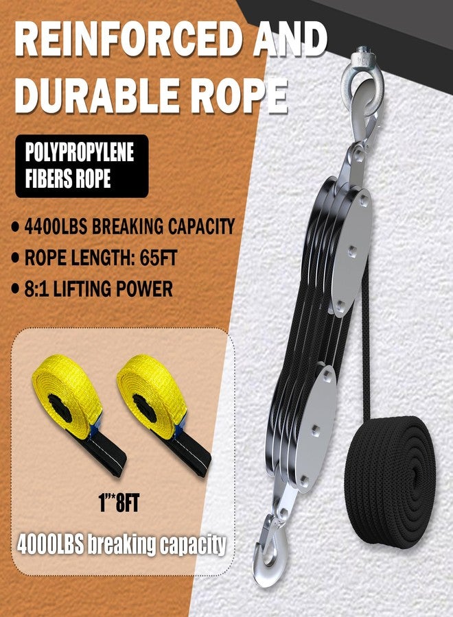 YATOINTO Rope Hoist Pulley System with Metal Bearing, 4400LB Pulley Block and Tackle, 8:1 Lifting Power 65ft, Heavy Duty Pulley Block for Hunting Lifting Garage Warehouses Building (with 2PCs Straps) - Image 4