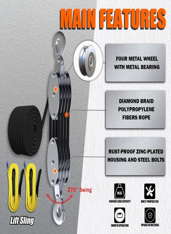 YATOINTO Rope Hoist Pulley System with Metal Bearing, 4400LB Pulley Block and Tackle, 8:1 Lifting Power 65ft, Heavy Duty Pulley Block for Hunting Lifting Garage Warehouses Building (with 2PCs Straps) - Image 2