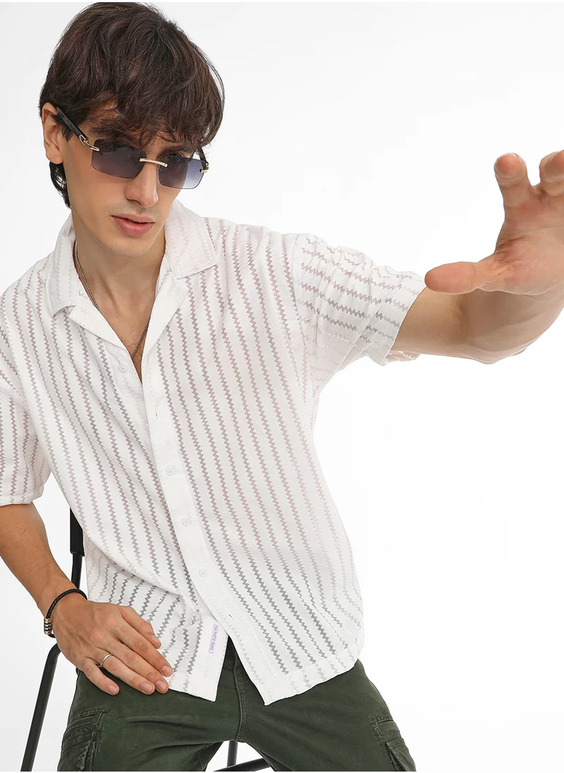 Campus Sutra Men's Cream White Zig-Zag Sheer Shirt