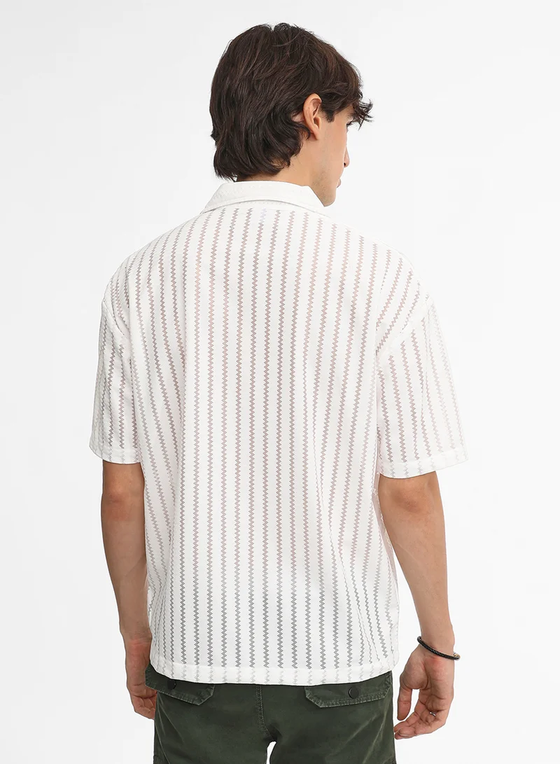 Campus Sutra Men's Cream White Zig-Zag Sheer Shirt