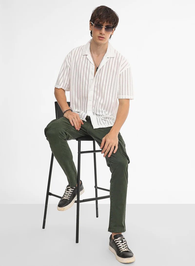 Campus Sutra Men's Cream White Zig-Zag Sheer Shirt