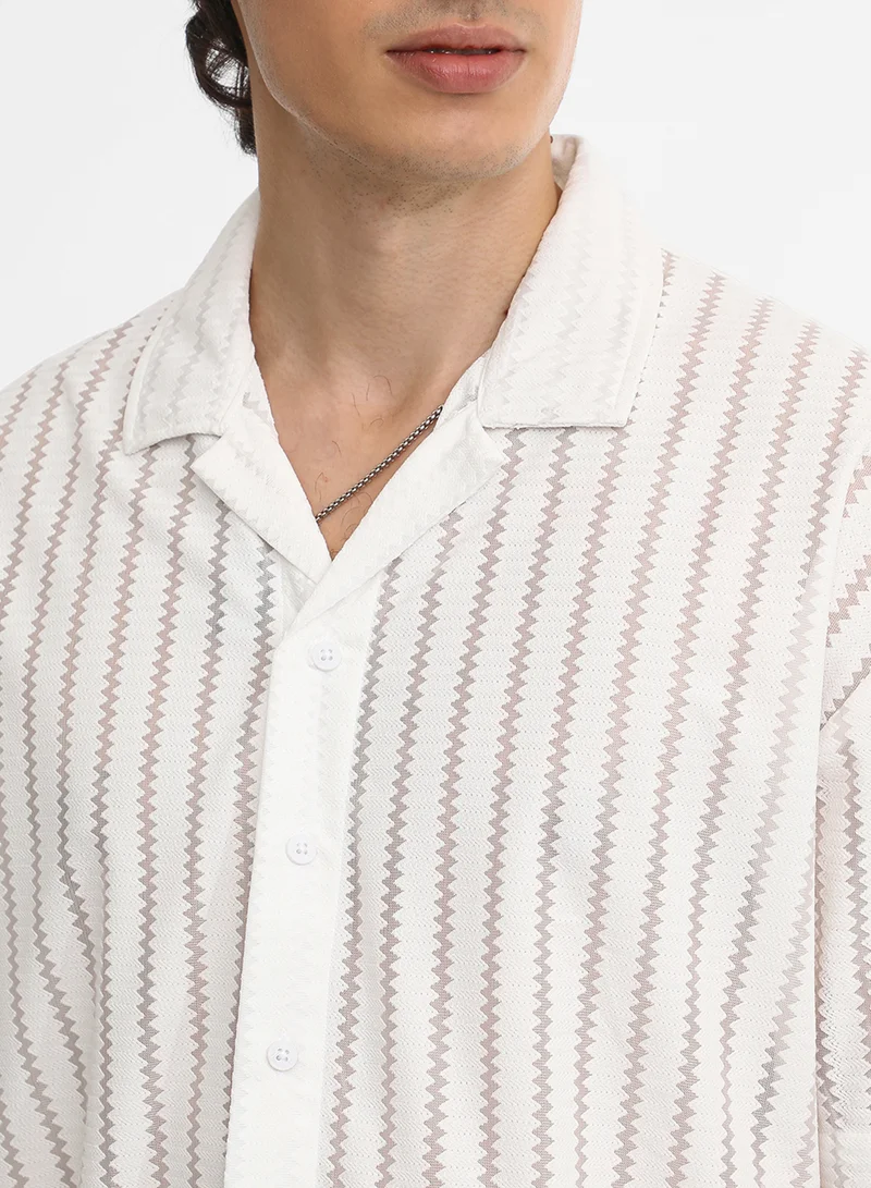 Campus Sutra Men's Cream White Zig-Zag Sheer Shirt