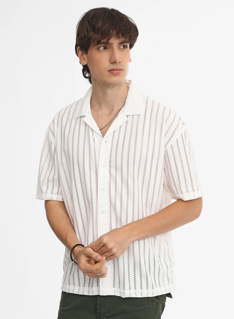 Campus Sutra Men's Cream White Zig-Zag Sheer Shirt