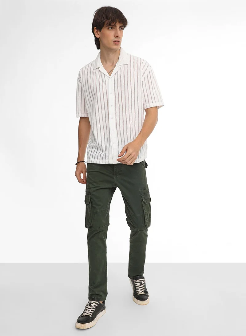 Campus Sutra Men's Cream White Zig-Zag Sheer Shirt