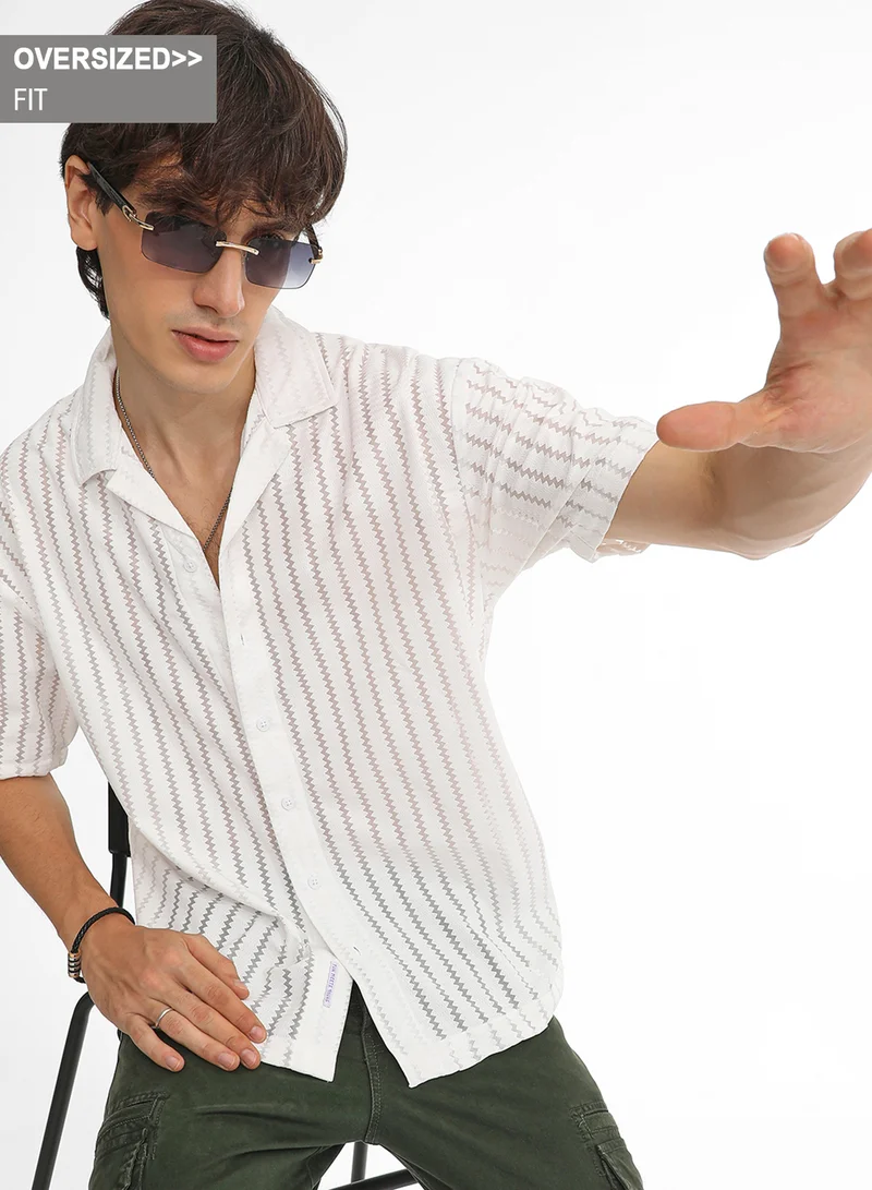 Campus Sutra Men's Cream White Zig-Zag Sheer Shirt