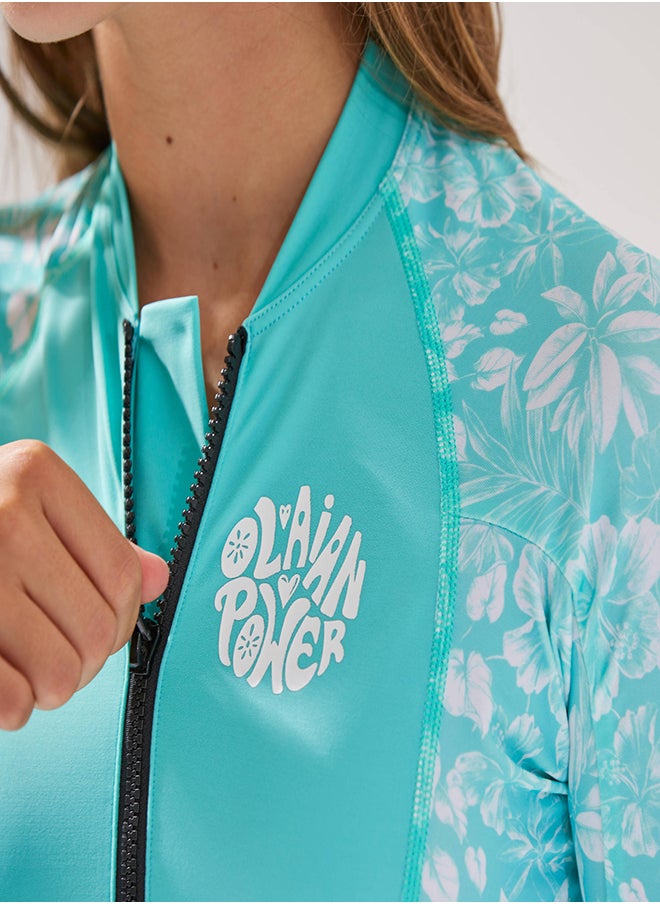 OLAIAN OLAIAN by DECATHLON, Girls One-piece long-sleeved swimsuit turquoise  - Image 1