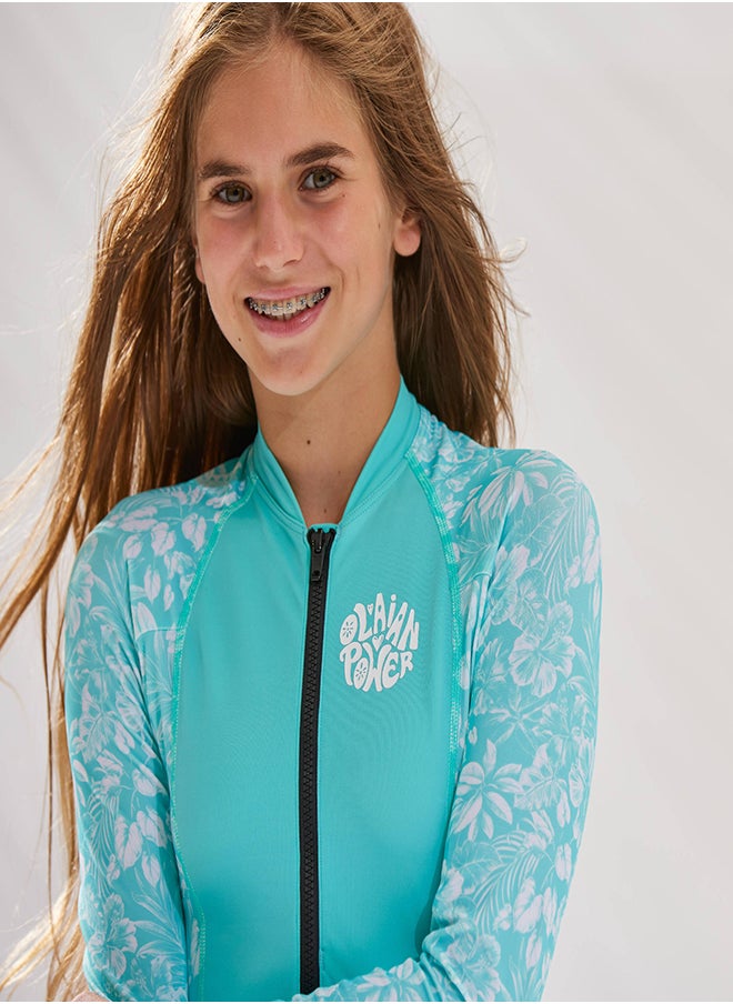 OLAIAN OLAIAN by DECATHLON, Girls One-piece long-sleeved swimsuit turquoise  - Image 2