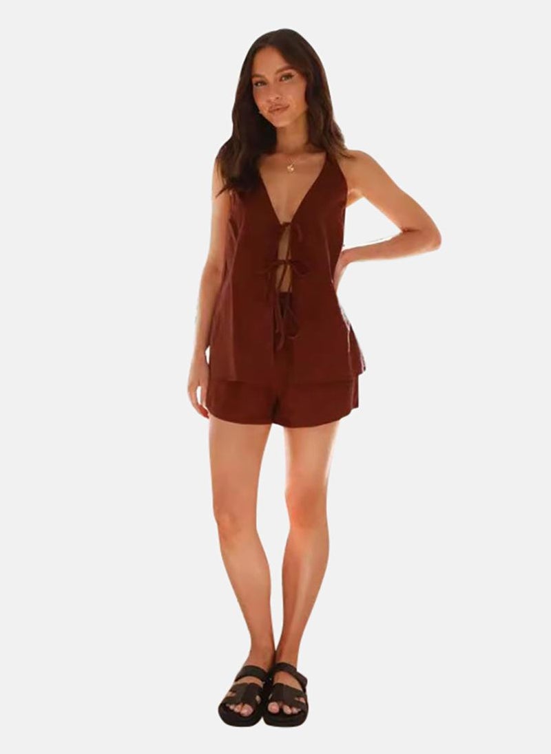 يونيكي طقم بلوزة وشورت بني - Image 1