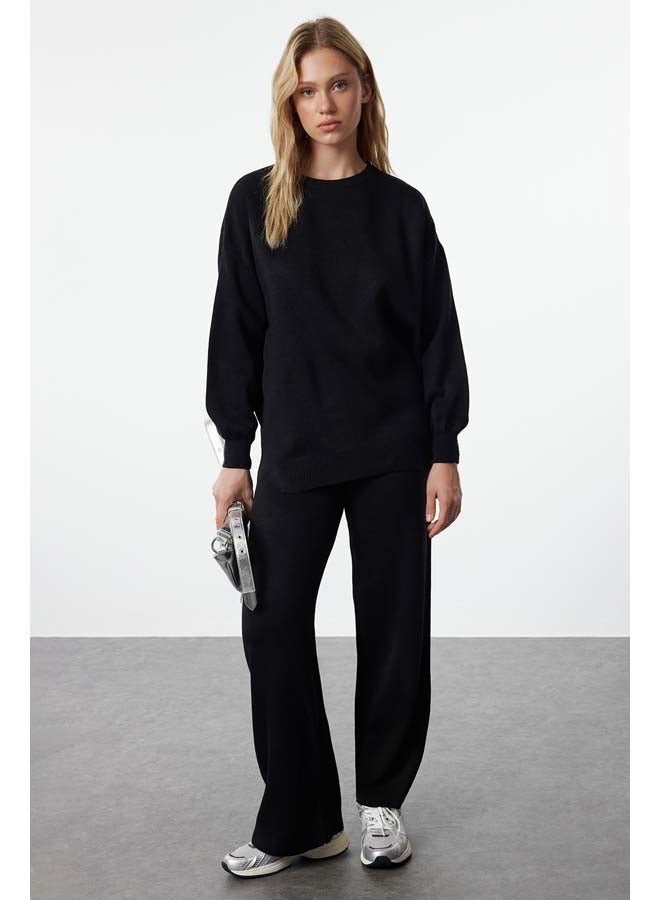 trendyol Black Wide Pattern Balloon Sleeve Knitwear Top-Bottom Set TWOAW24AU00067  - Image 1