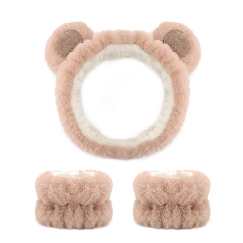 M'AYCREATE MAYCREATE® Skincare Headband for Women & Wrist Band for Face Wash 3pcs Combo, Cute Facial Makeup Hair Band and Wrist Bands Towel, Bear Ears Face Wash Band Spa Headband for Women Girls - Image 1