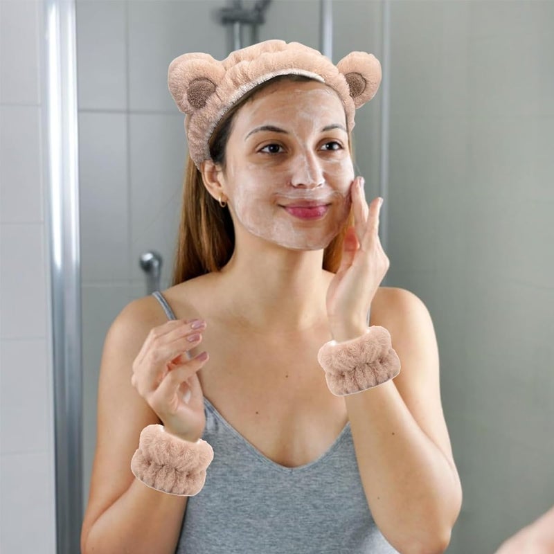 M'AYCREATE MAYCREATE® Skincare Headband for Women & Wrist Band for Face Wash 3pcs Combo, Cute Facial Makeup Hair Band and Wrist Bands Towel, Bear Ears Face Wash Band Spa Headband for Women Girls - Image 5