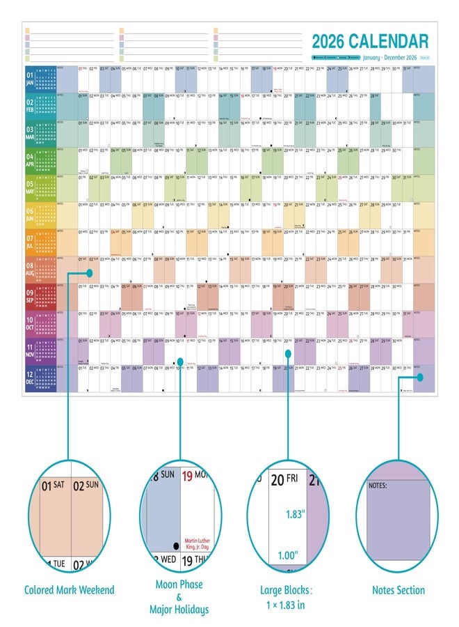 BowCuk Yearly Wall Calendar 2026 - Large Yearly Calendar 2026, Jan 2026 - Dec 2026, 38.2'' x 25.2'' (Open), 2026 Calendar 12 Months, Yearly Wall Calendar with To-do Lists, Notes, Stickers, All At One Page - Image 3