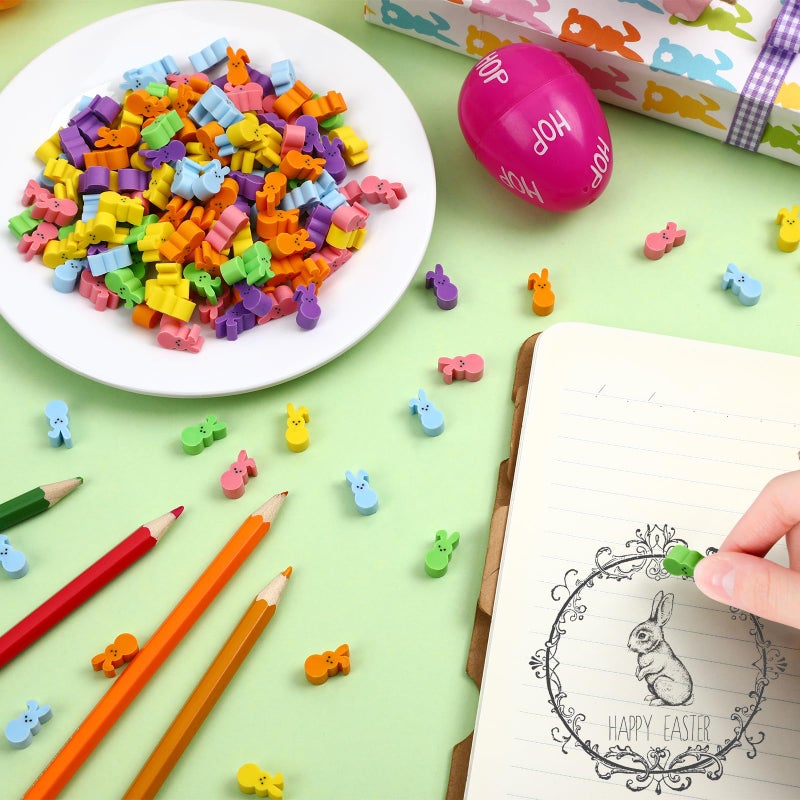JUNEBRUSHS 300 Pcs Easter Bunny Mini Erasers, 6 Colors Cute Rabbit Erasers Bulk for School Classroom Prizes Homework Rewards Party Favors - Image 3