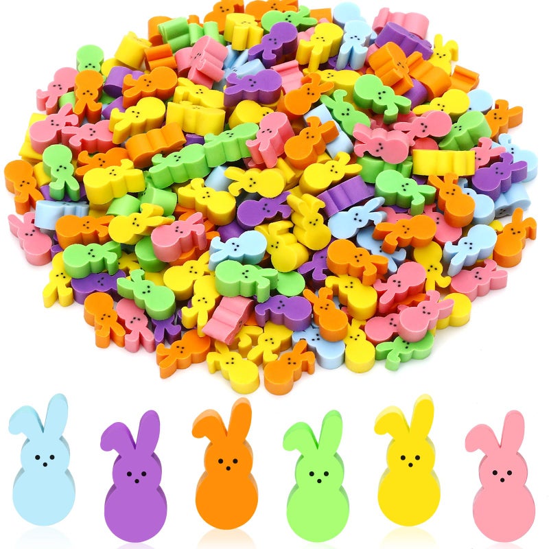 JUNEBRUSHS 300 Pcs Easter Bunny Mini Erasers, 6 Colors Cute Rabbit Erasers Bulk for School Classroom Prizes Homework Rewards Party Favors - Image 1
