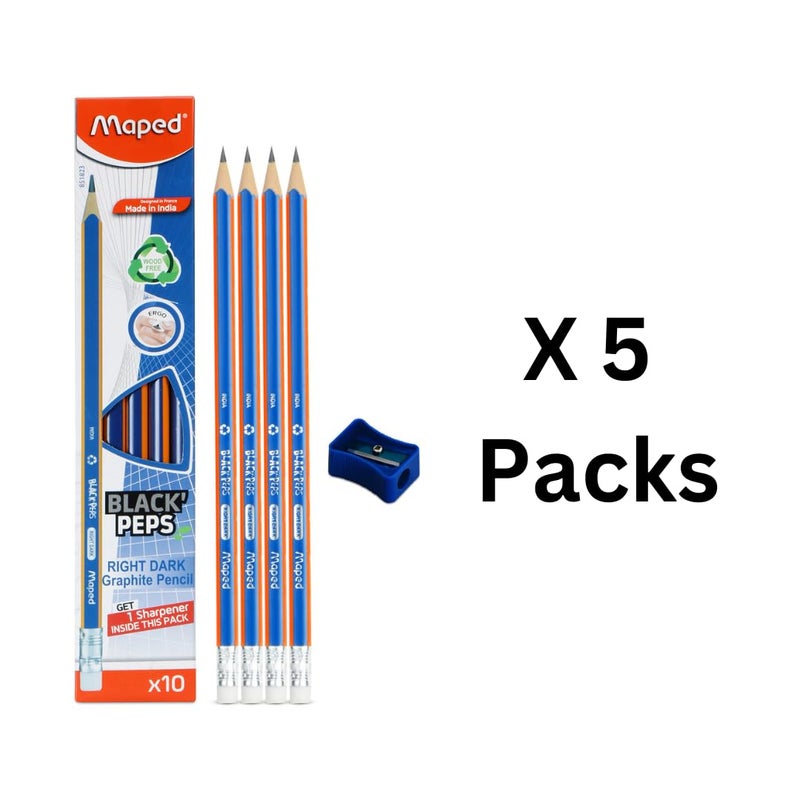 Maped Dark Graphite Pencil Set of 5X10pcs|Writing Pencils|50 Pencils with Eraser Tip, 5 Free Sharpeners|Triangular Shape for Easy Grip|Soft and Extra Dark|Wood-Free Pencils|Graphite Pencils|Extra Dark - Image 2