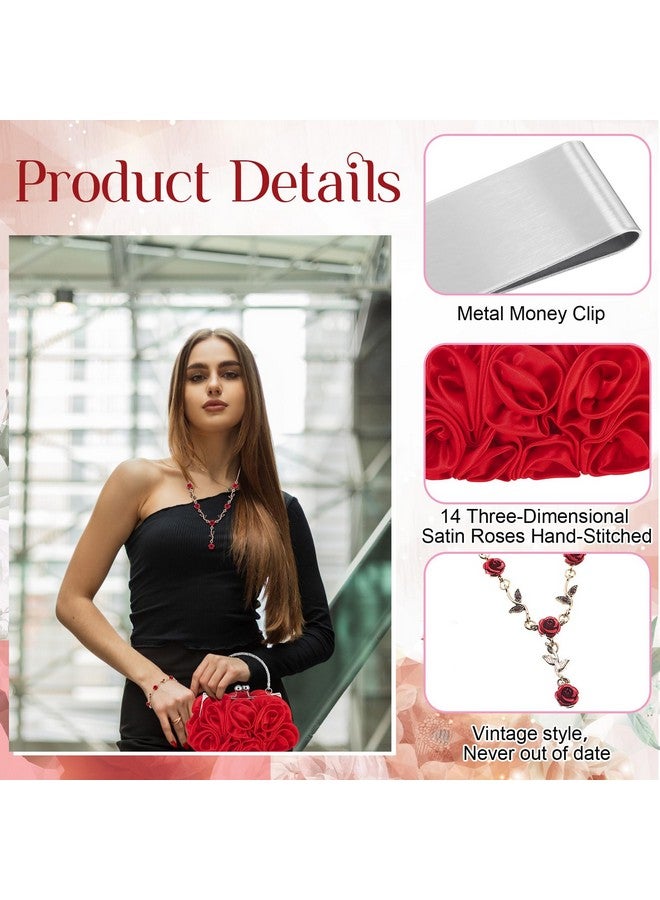Hicarer 5 Pcs Women Roses Clutch Purse With Detachable Strap Money Clip Rose Jewelry Set Satin Red Flower Evening Handbag Gold Rose Necklace Earrings Bracelet For Wedding Gifts  - Image 3