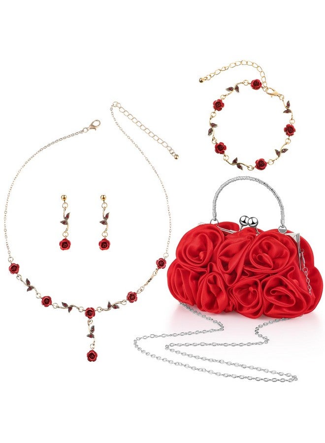 Hicarer 5 Pcs Women Roses Clutch Purse With Detachable Strap Money Clip Rose Jewelry Set Satin Red Flower Evening Handbag Gold Rose Necklace Earrings Bracelet For Wedding Gifts  - Image 1